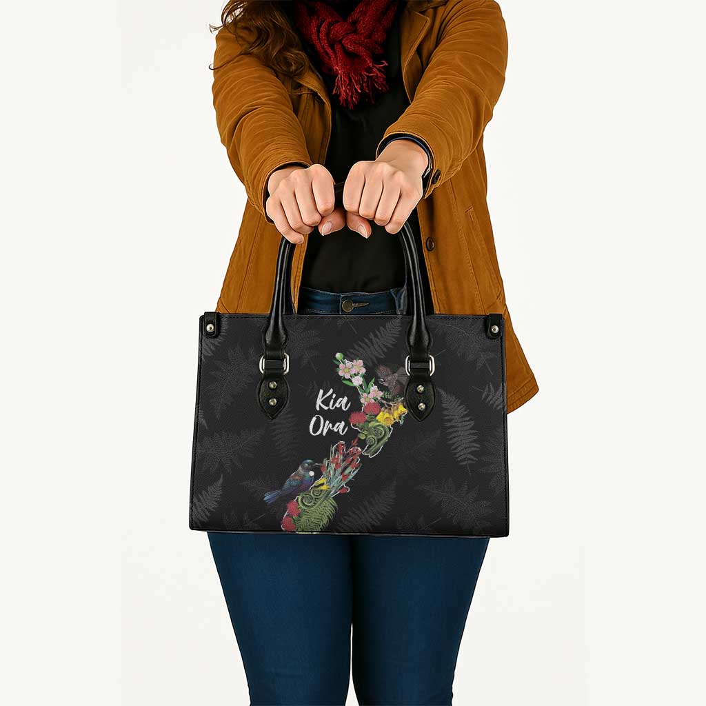 Kia Ora New Zealand Floral Leather Bag Black LT7 - Polynesian Pride