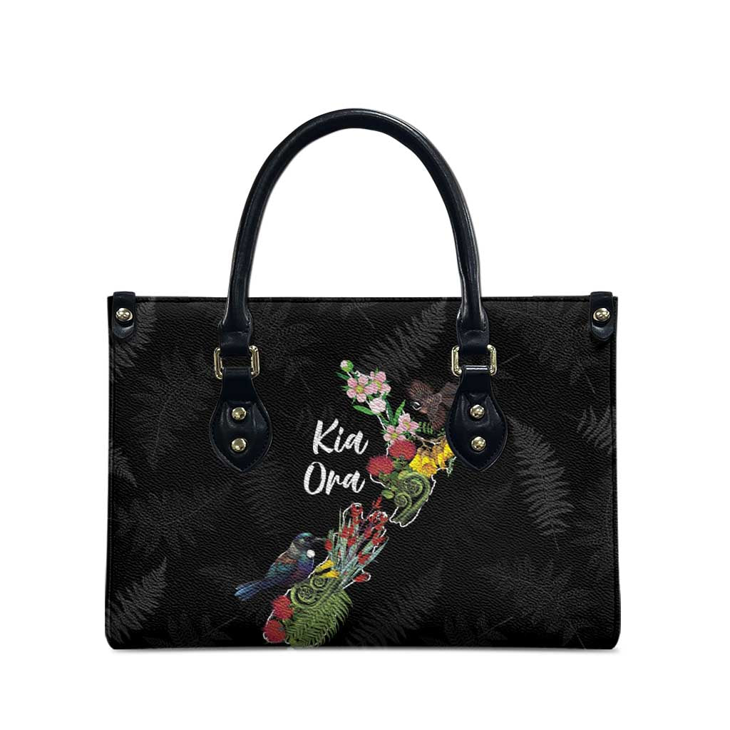 Kia Ora New Zealand Floral Leather Bag Black LT7 - Polynesian Pride