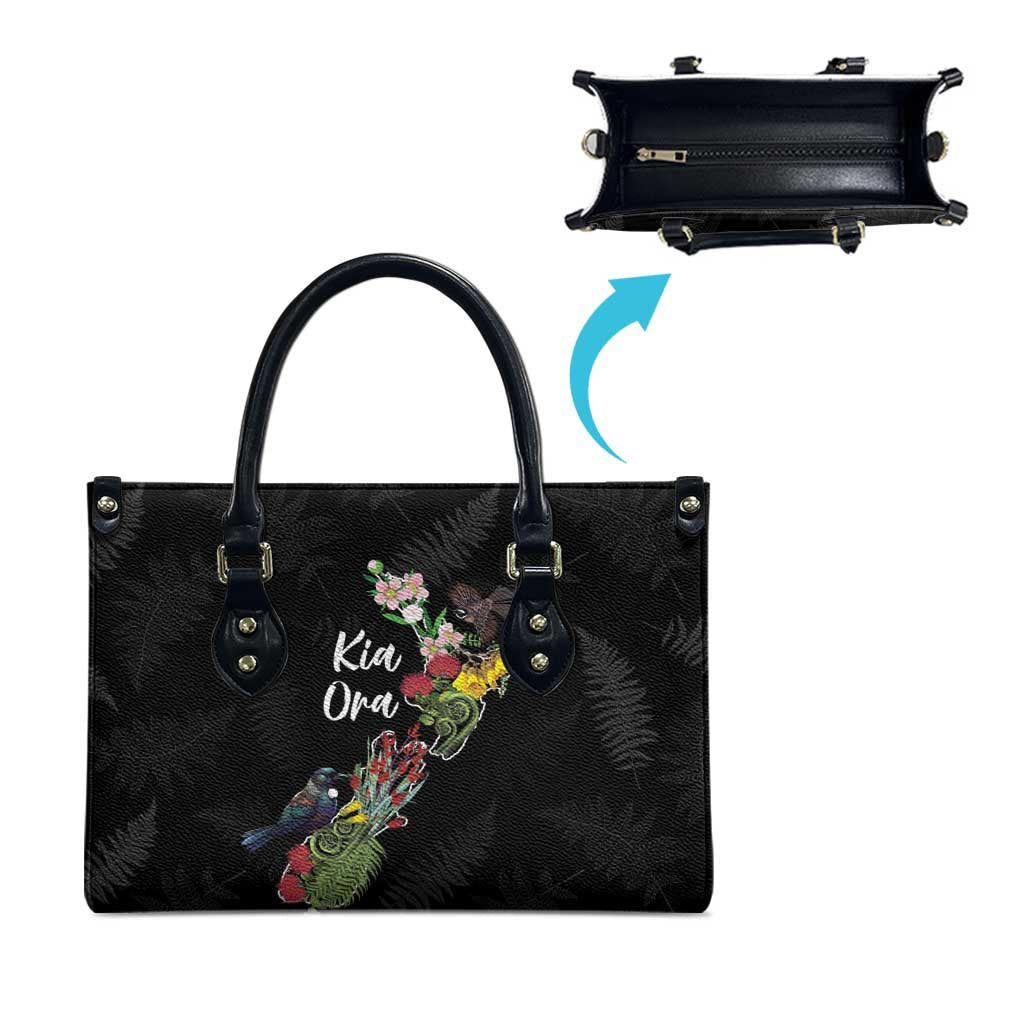 Kia Ora New Zealand Floral Leather Bag Black LT7 - Polynesian Pride