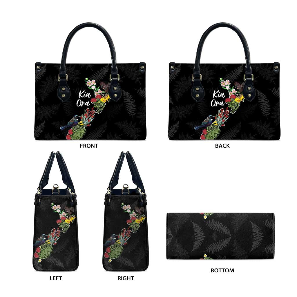 Kia Ora New Zealand Floral Leather Bag Black LT7 - Polynesian Pride