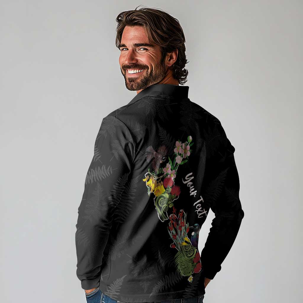 Kia Ora New Zealand Floral Personalized Long Sleeve Polo Shirt Black - Polynesian Pride