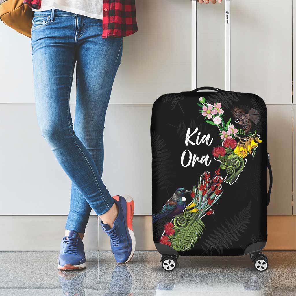 Kia Ora New Zealand Floral Luggage Cover Black - Polynesian Pride