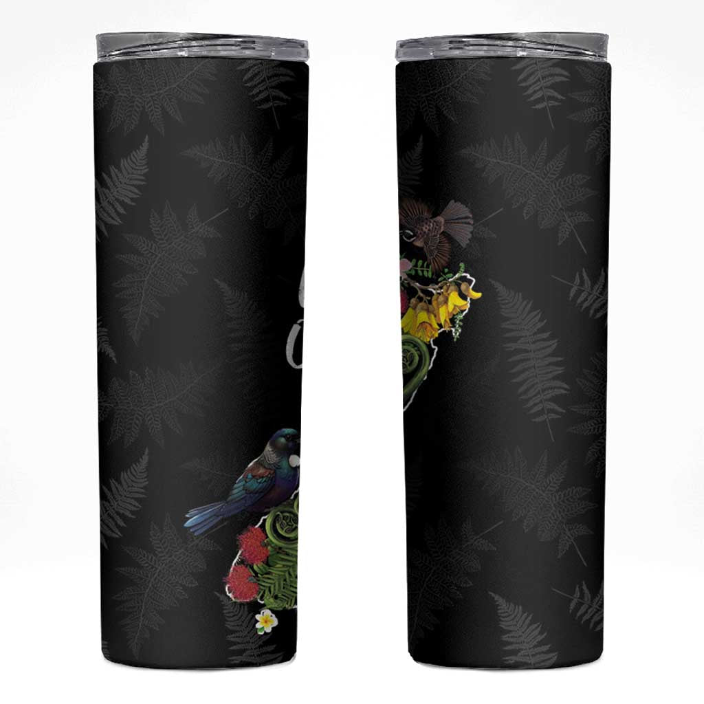 Kia Ora New Zealand Floral Skinny Tumbler Black LT7 Black - Polynesian Pride
