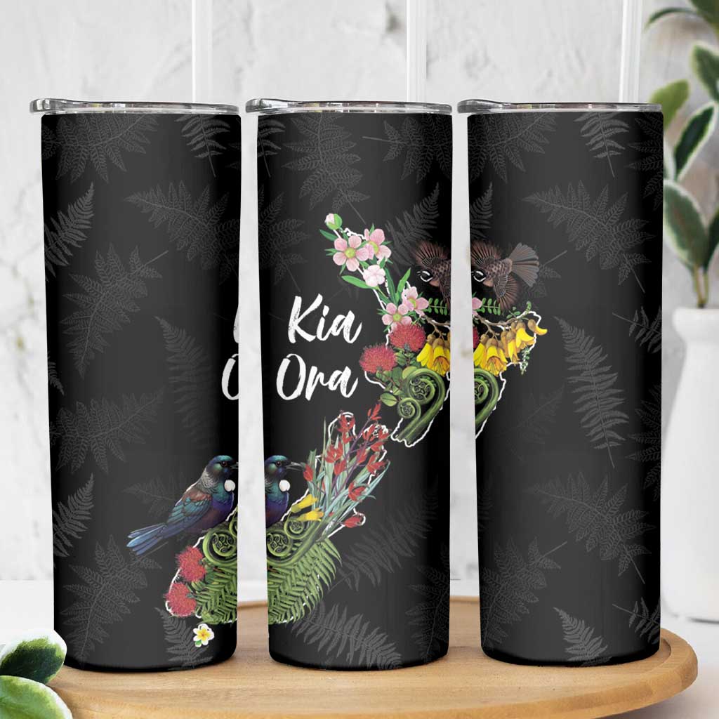 Kia Ora New Zealand Floral Skinny Tumbler Black LT7 - Polynesian Pride