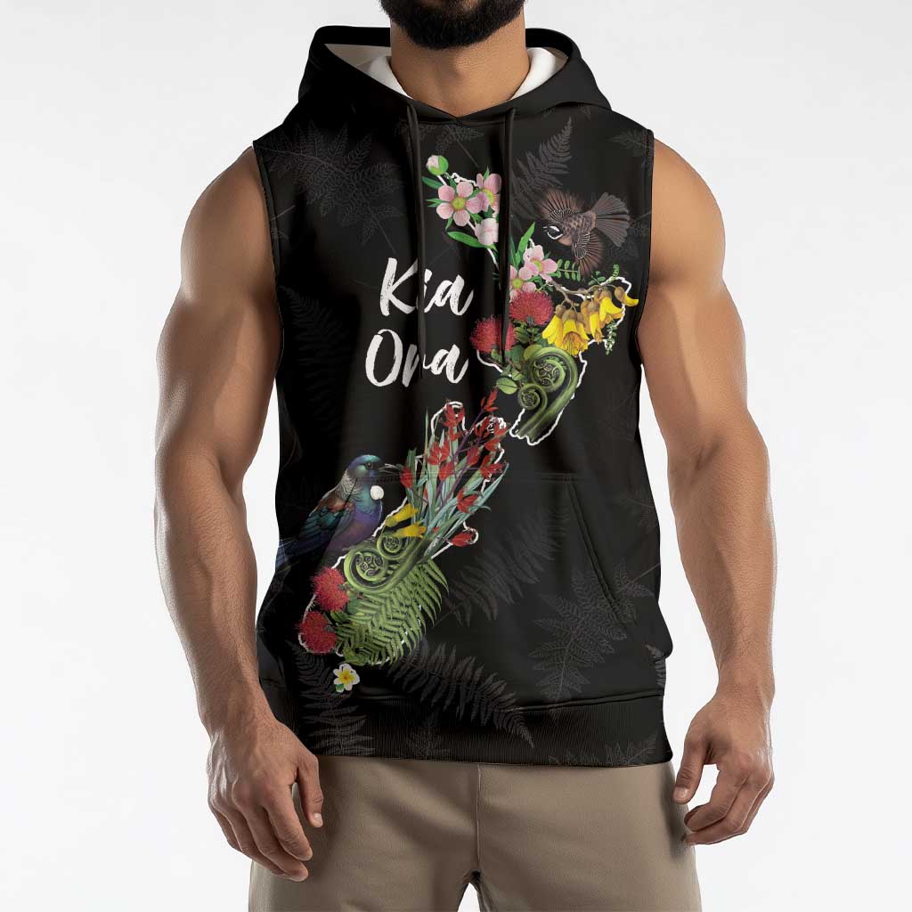 Kia Ora New Zealand Floral Personalized Sleeveless Hoodie Black LT7 - Polynesian Pride