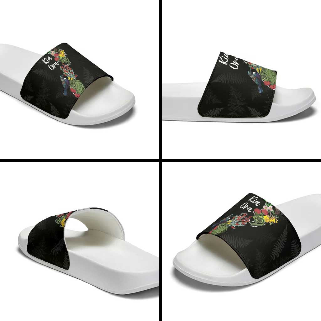 Kia Ora New Zealand Floral Slide Sandals Black - Polynesian Pride