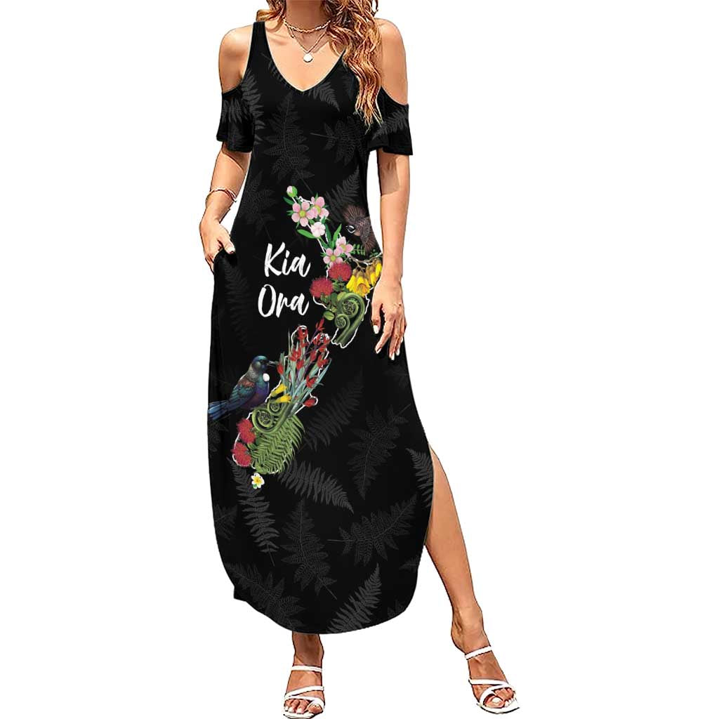 Kia Ora New Zealand Floral Personalized Summer Maxi Dress Black - Polynesian Pride