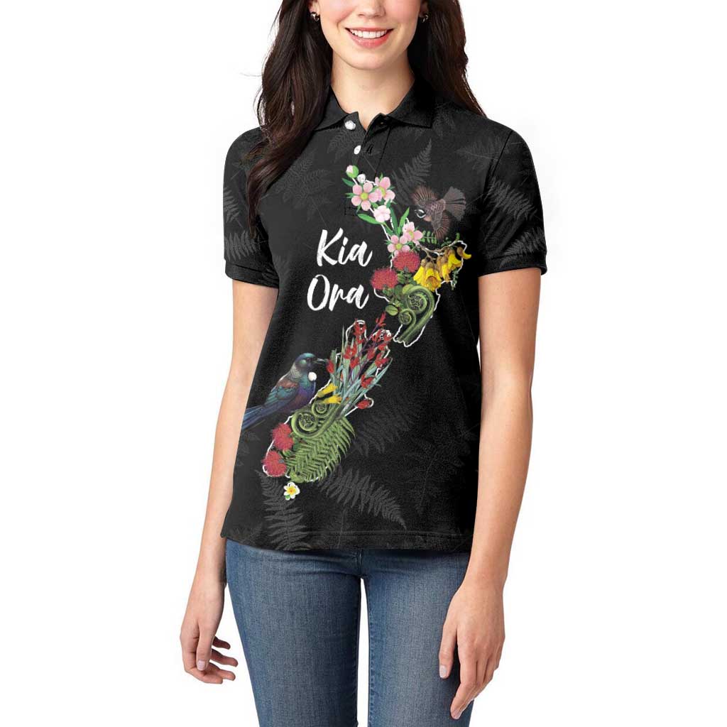 Kia Ora New Zealand Floral Personalized Women Polo Shirt Black - Polynesian Pride