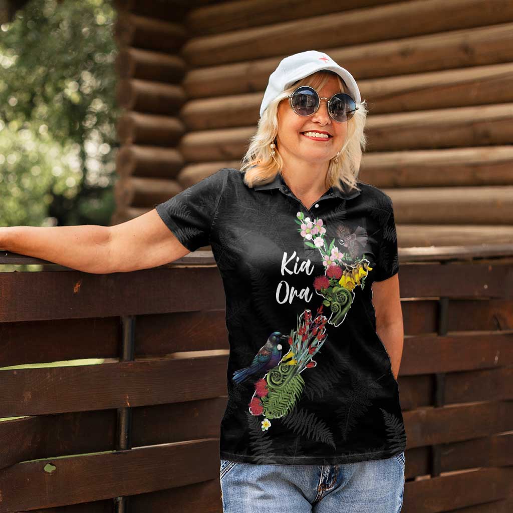 Kia Ora New Zealand Floral Personalized Women Polo Shirt Black - Polynesian Pride