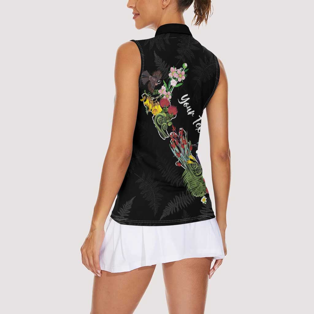 Kia Ora New Zealand Floral Personalized Women Sleeveless Polo Shirt Black LT7 - Polynesian Pride