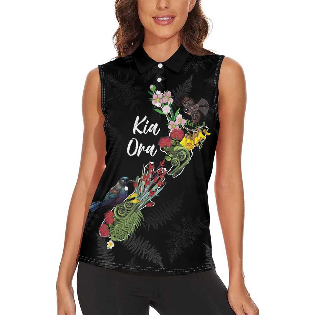 Kia Ora New Zealand Floral Personalized Women Sleeveless Polo Shirt Black LT7 - Polynesian Pride