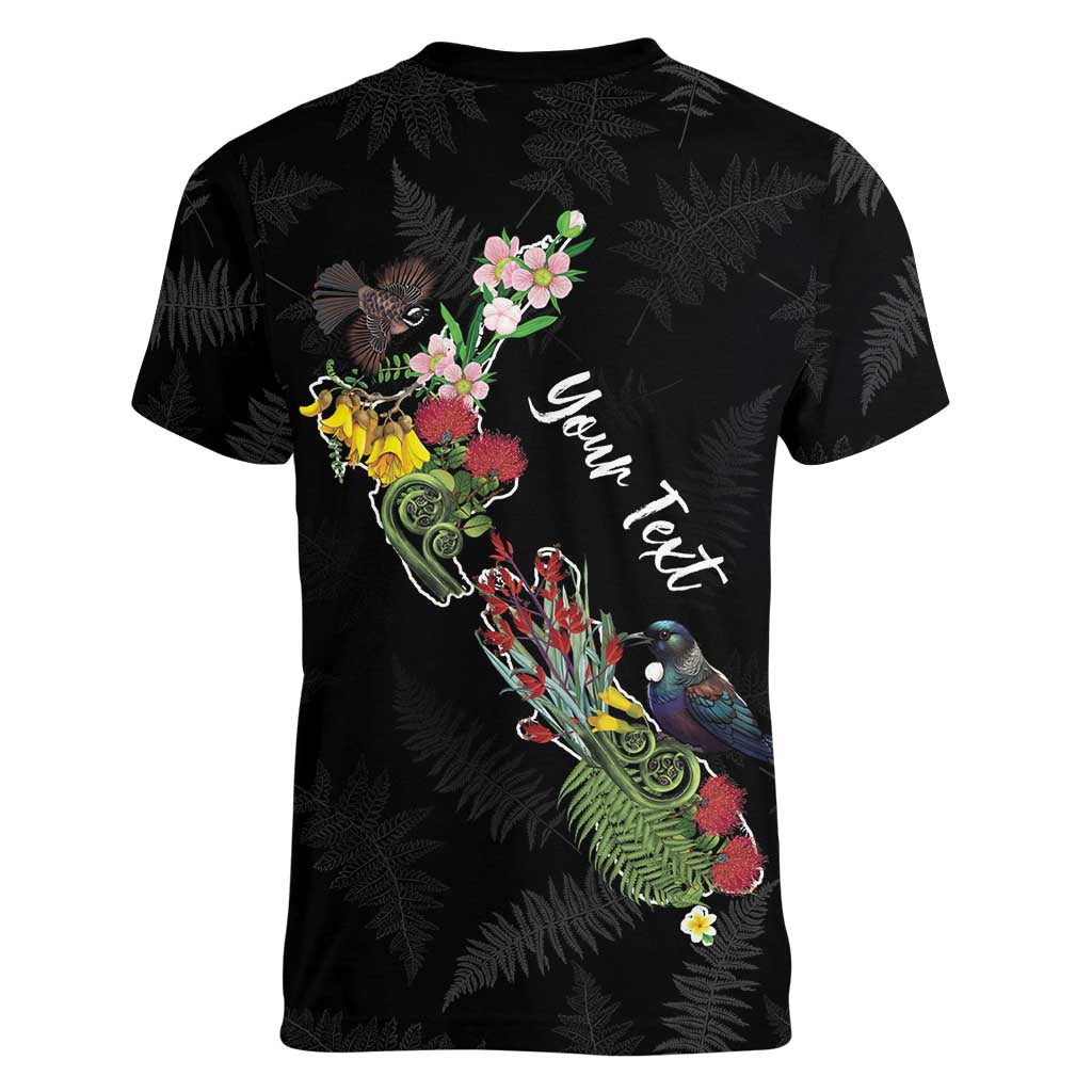 Kia Ora New Zealand Floral Personalized Women V-Neck T-Shirt Black LT7 - Polynesian Pride