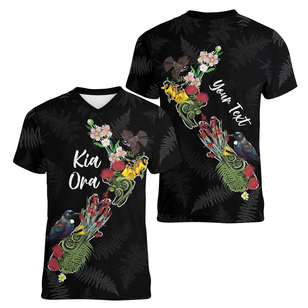 Kia Ora New Zealand Floral Personalized Women V-Neck T-Shirt Black LT7 - Polynesian Pride