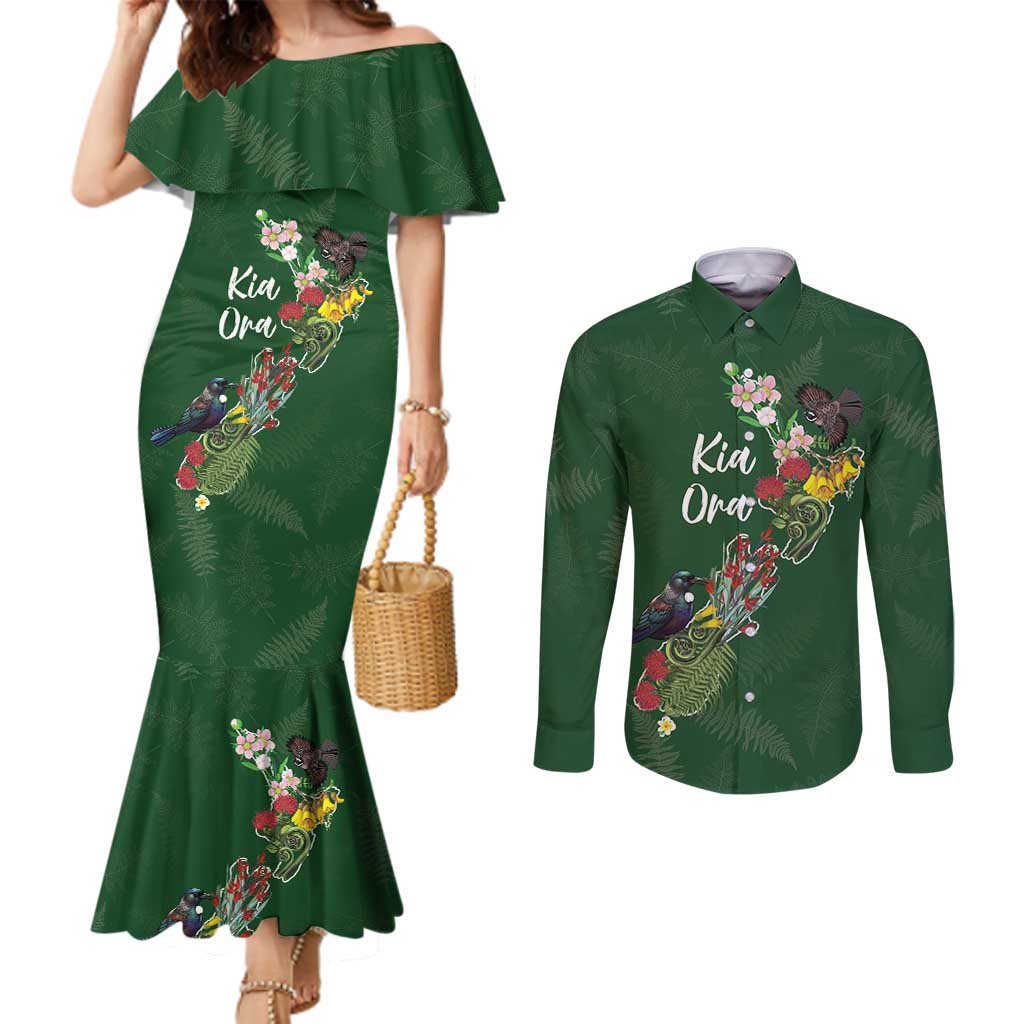 Kia Ora New Zealand Floral Personalized Couples Matching Mermaid Dress and Long Sleeve Button Shirt Sage Green LT7 Sage Green - Polynesian Pride