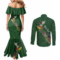 Kia Ora New Zealand Floral Personalized Couples Matching Mermaid Dress and Long Sleeve Button Shirt Sage Green LT7 - Polynesian Pride