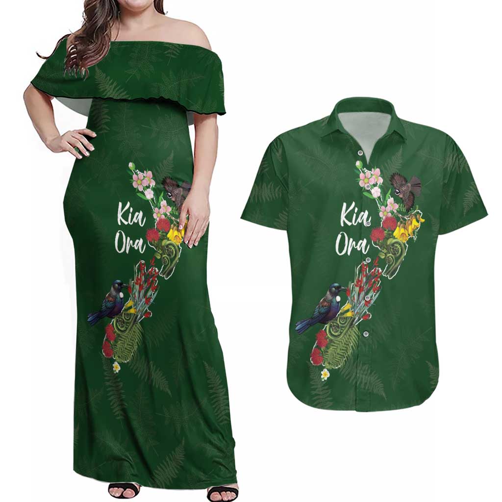 Kia Ora New Zealand Floral Personalized Couples Matching Off Shoulder Maxi Dress and Hawaiian Shirt Sage Green LT7 Sage Green - Polynesian Pride