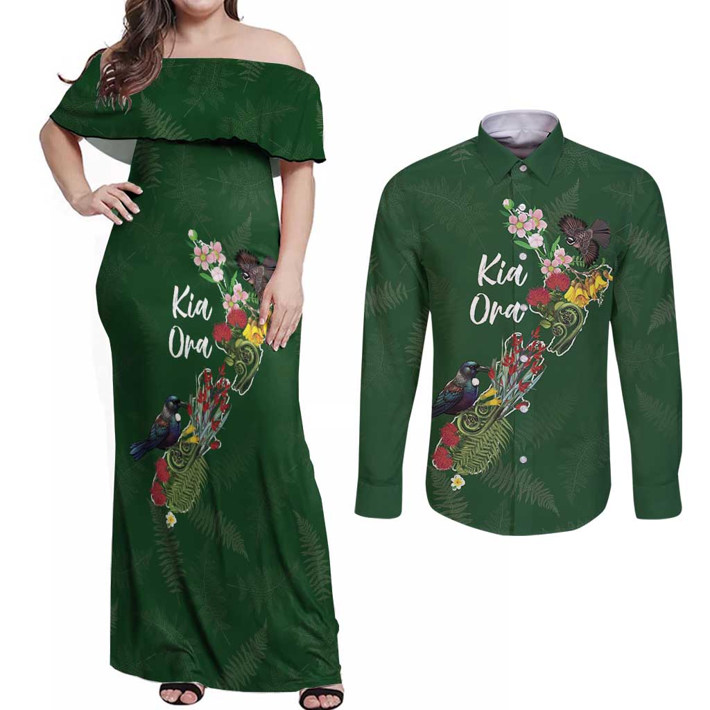 Kia Ora New Zealand Floral Personalized Couples Matching Off Shoulder Maxi Dress and Long Sleeve Button Shirt Sage Green LT7 Sage Green - Polynesian Pride
