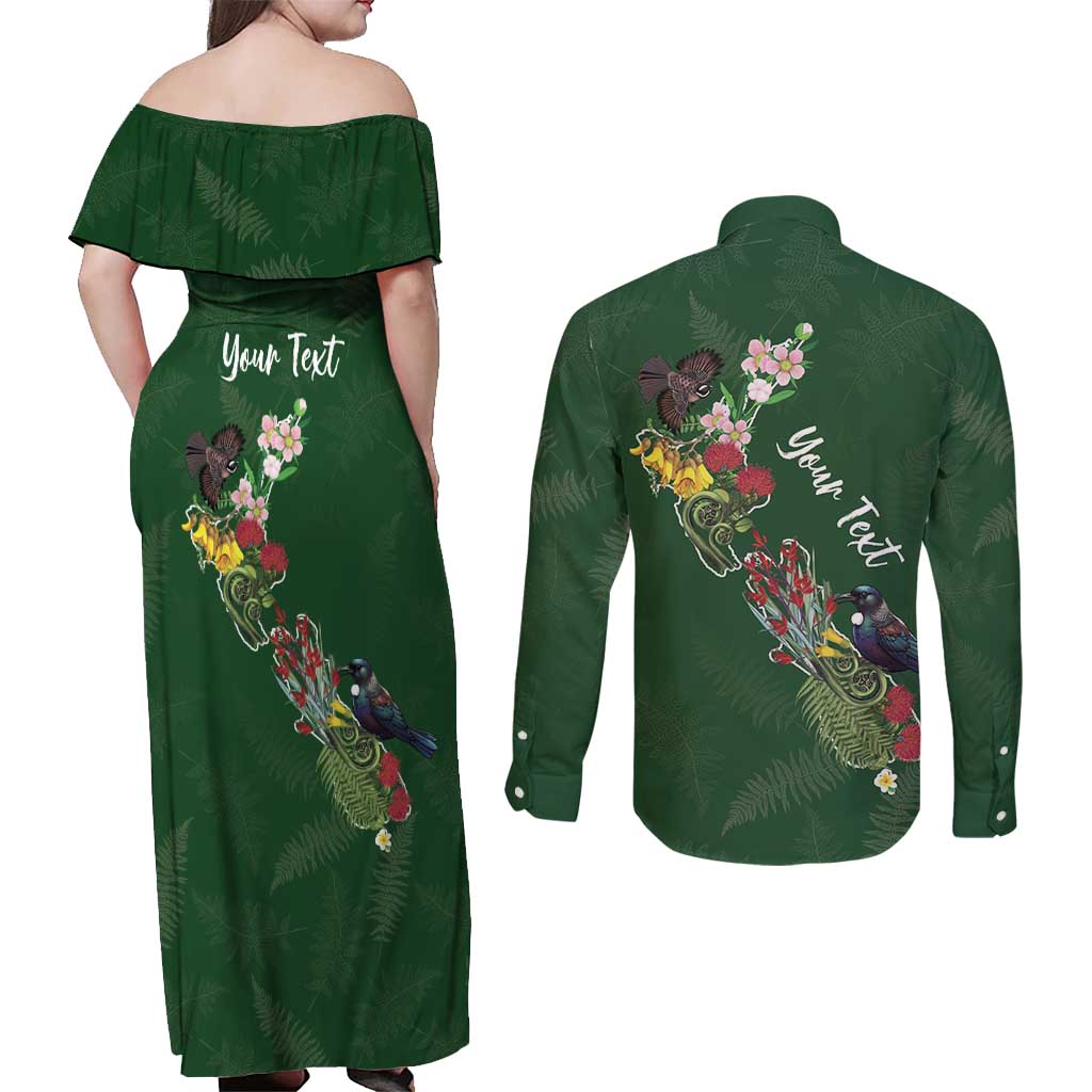 Kia Ora New Zealand Floral Personalized Couples Matching Off Shoulder Maxi Dress and Long Sleeve Button Shirt Sage Green LT7 - Polynesian Pride