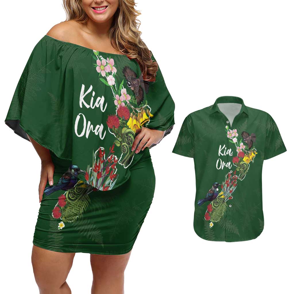 Kia Ora New Zealand Floral Personalized Couples Matching Off Shoulder Short Dress and Hawaiian Shirt Sage Green LT7 Sage Green - Polynesian Pride