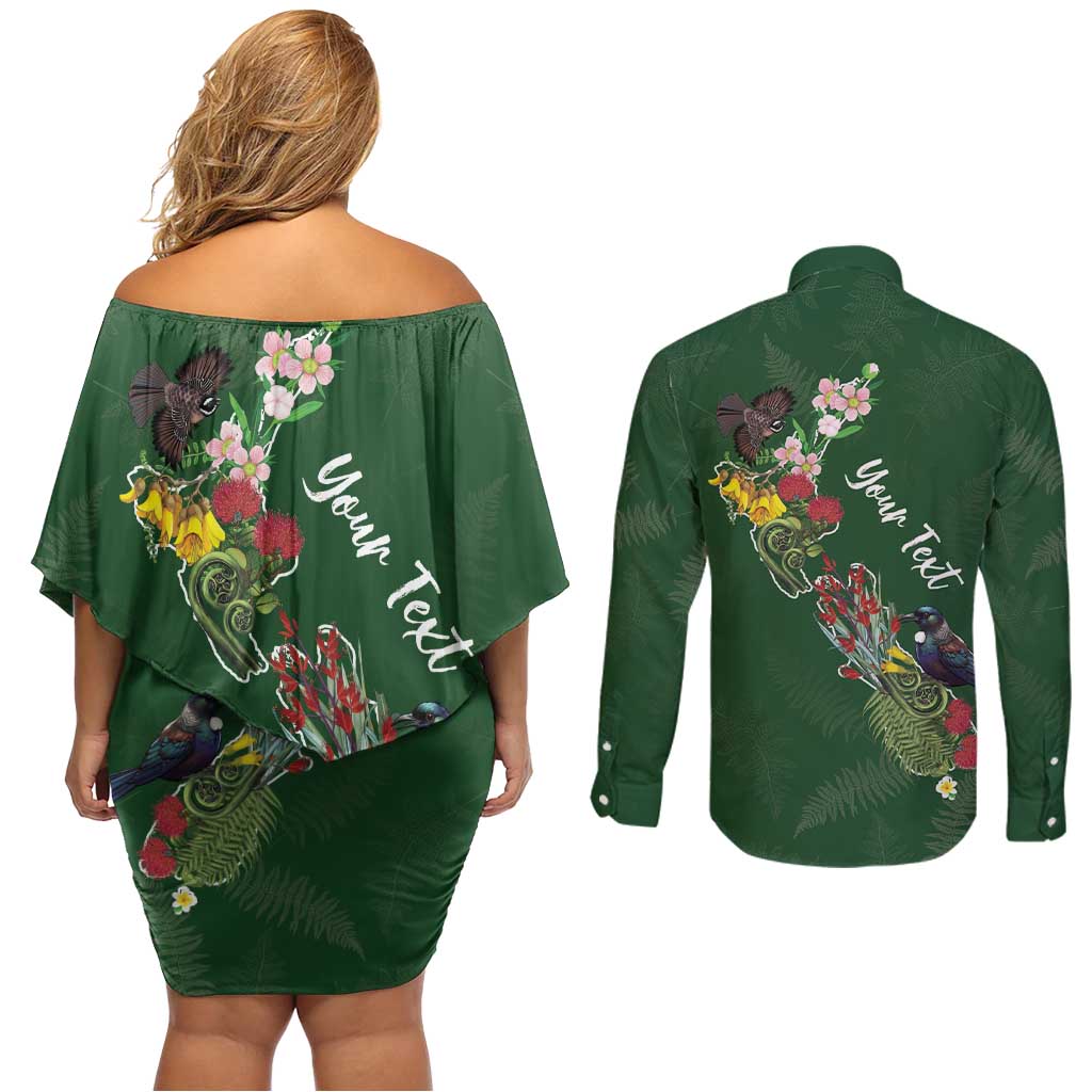 Kia Ora New Zealand Floral Personalized Couples Matching Off Shoulder Short Dress and Long Sleeve Button Shirt Sage Green LT7 - Polynesian Pride