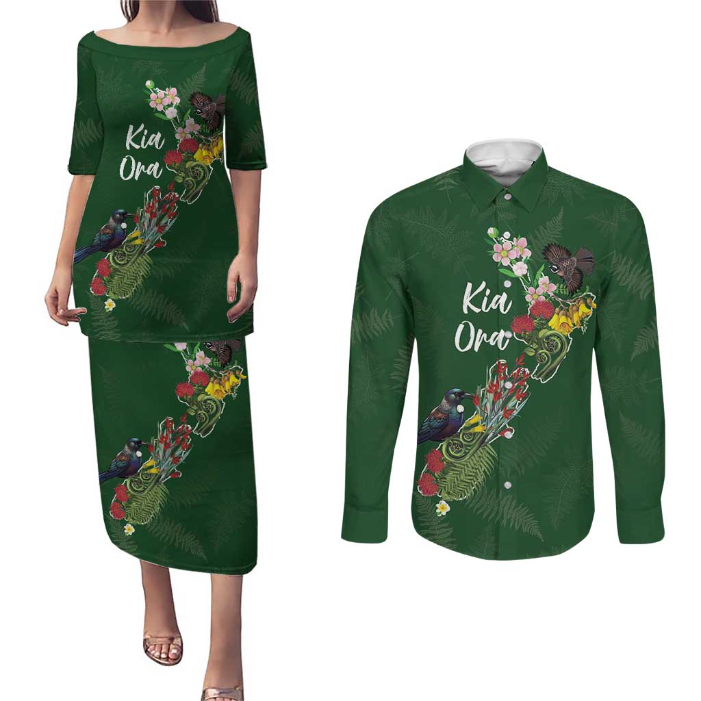 Kia Ora New Zealand Floral Personalized Couples Matching Puletasi and Long Sleeve Button Shirt Sage Green LT7 Sage Green - Polynesian Pride