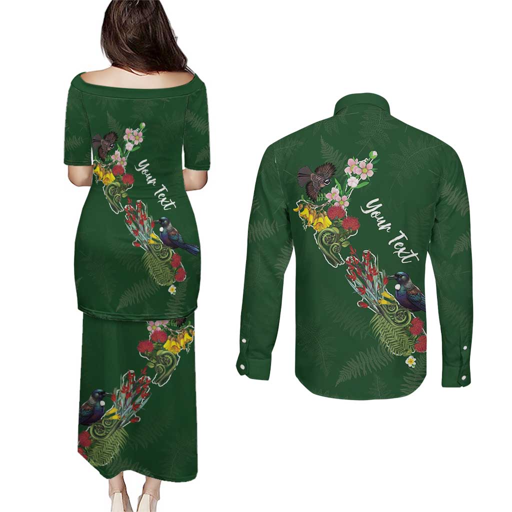 Kia Ora New Zealand Floral Personalized Couples Matching Puletasi and Long Sleeve Button Shirt Sage Green LT7 - Polynesian Pride
