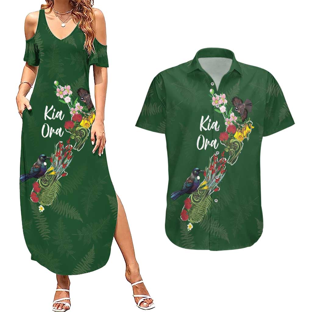 Kia Ora New Zealand Floral Personalized Couples Matching Summer Maxi Dress and Hawaiian Shirt Sage Green LT7 Sage Green - Polynesian Pride