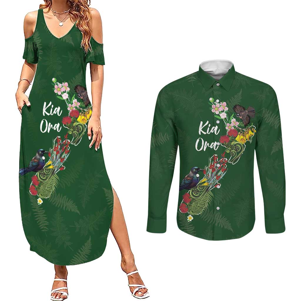Kia Ora New Zealand Floral Personalized Couples Matching Summer Maxi Dress and Long Sleeve Button Shirt Sage Green LT7 Sage Green - Polynesian Pride