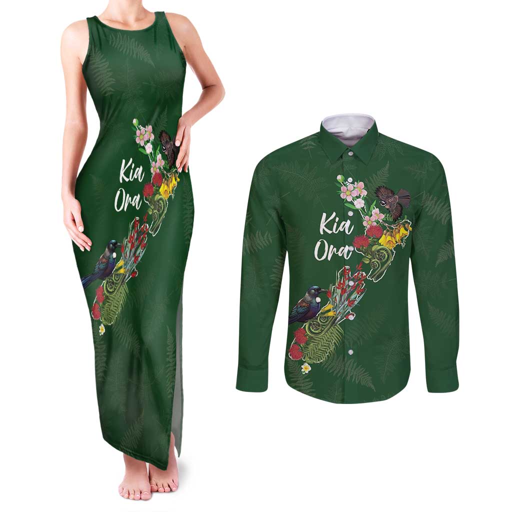Kia Ora New Zealand Floral Personalized Couples Matching Tank Maxi Dress and Long Sleeve Button Shirt Sage Green LT7 Sage Green - Polynesian Pride