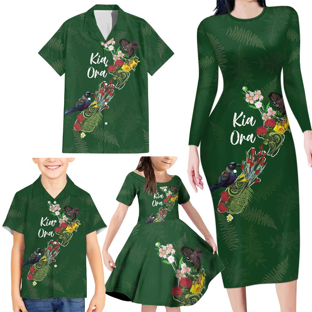 Kia Ora New Zealand Floral Personalized Family Matching Long Sleeve Bodycon Dress and Hawaiian Shirt Sage Green LT7 - Polynesian Pride