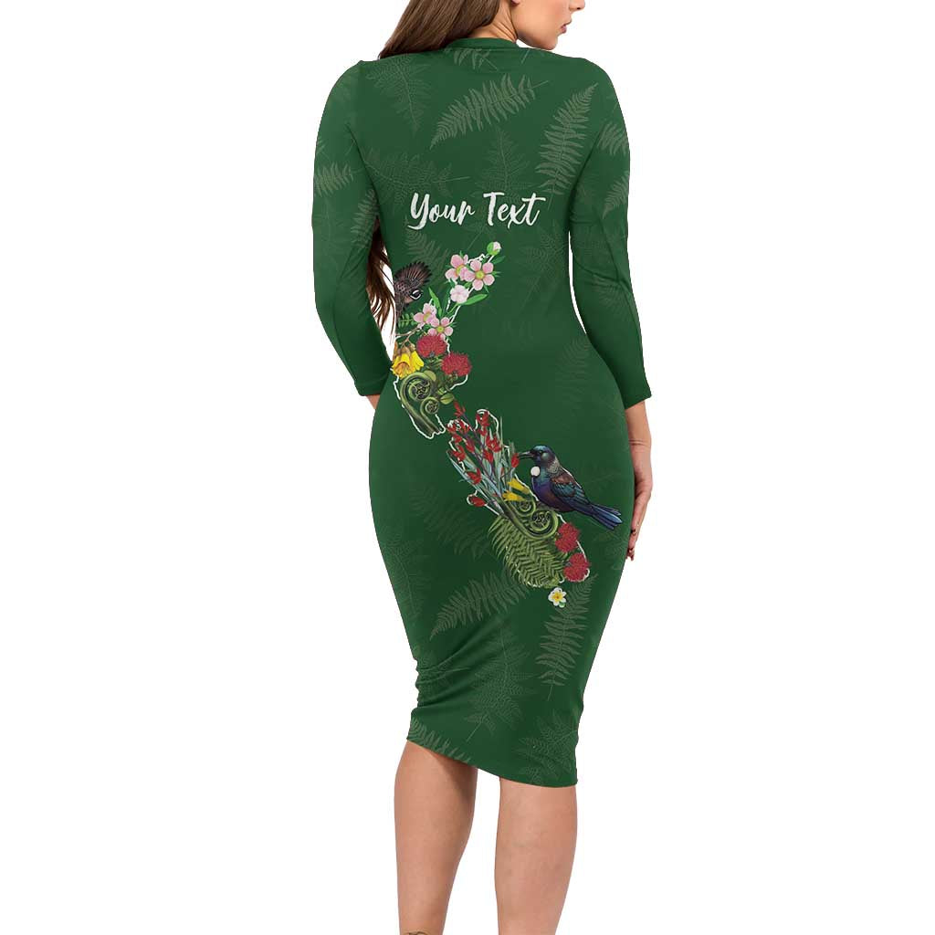 Kia Ora New Zealand Floral Personalized Family Matching Long Sleeve Bodycon Dress and Hawaiian Shirt Sage Green LT7 - Polynesian Pride