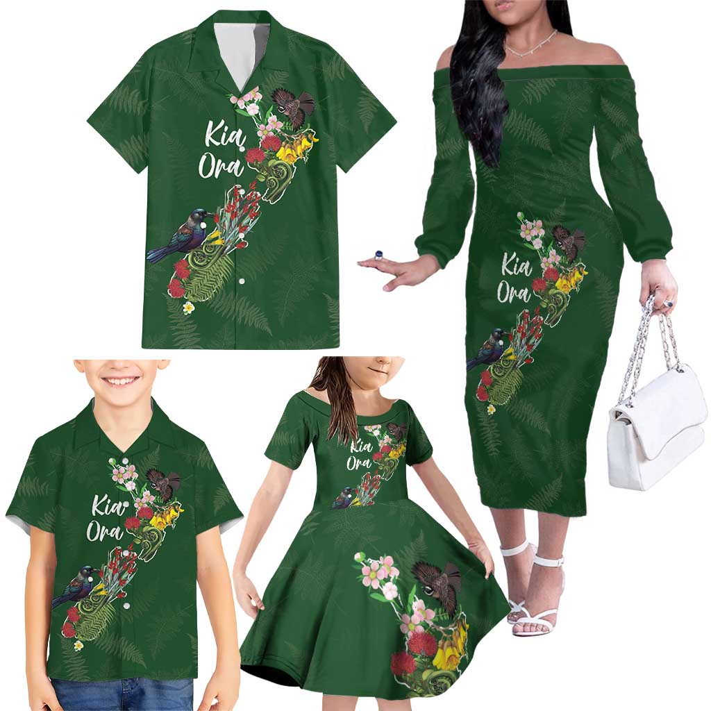 Kia Ora New Zealand Floral Personalized Family Matching Off The Shoulder Long Sleeve Dress and Hawaiian Shirt Sage Green - Polynesian Pride