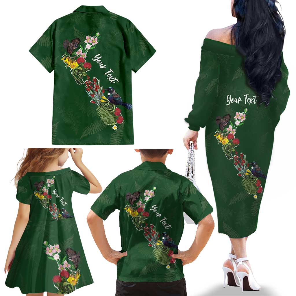Kia Ora New Zealand Floral Personalized Family Matching Off The Shoulder Long Sleeve Dress and Hawaiian Shirt Sage Green LT7 - Polynesian Pride