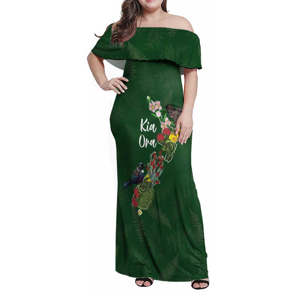 Kia Ora New Zealand Floral Personalized Family Matching Off Shoulder Maxi Dress and Hawaiian Shirt Sage Green LT7 Mom's Dress Sage Green - Polynesian Pride