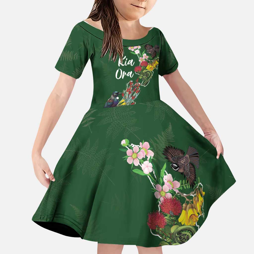 Kia Ora New Zealand Floral Personalized Family Matching Puletasi and Hawaiian Shirt Sage Green LT7 Daughter's Dress Sage Green - Polynesian Pride