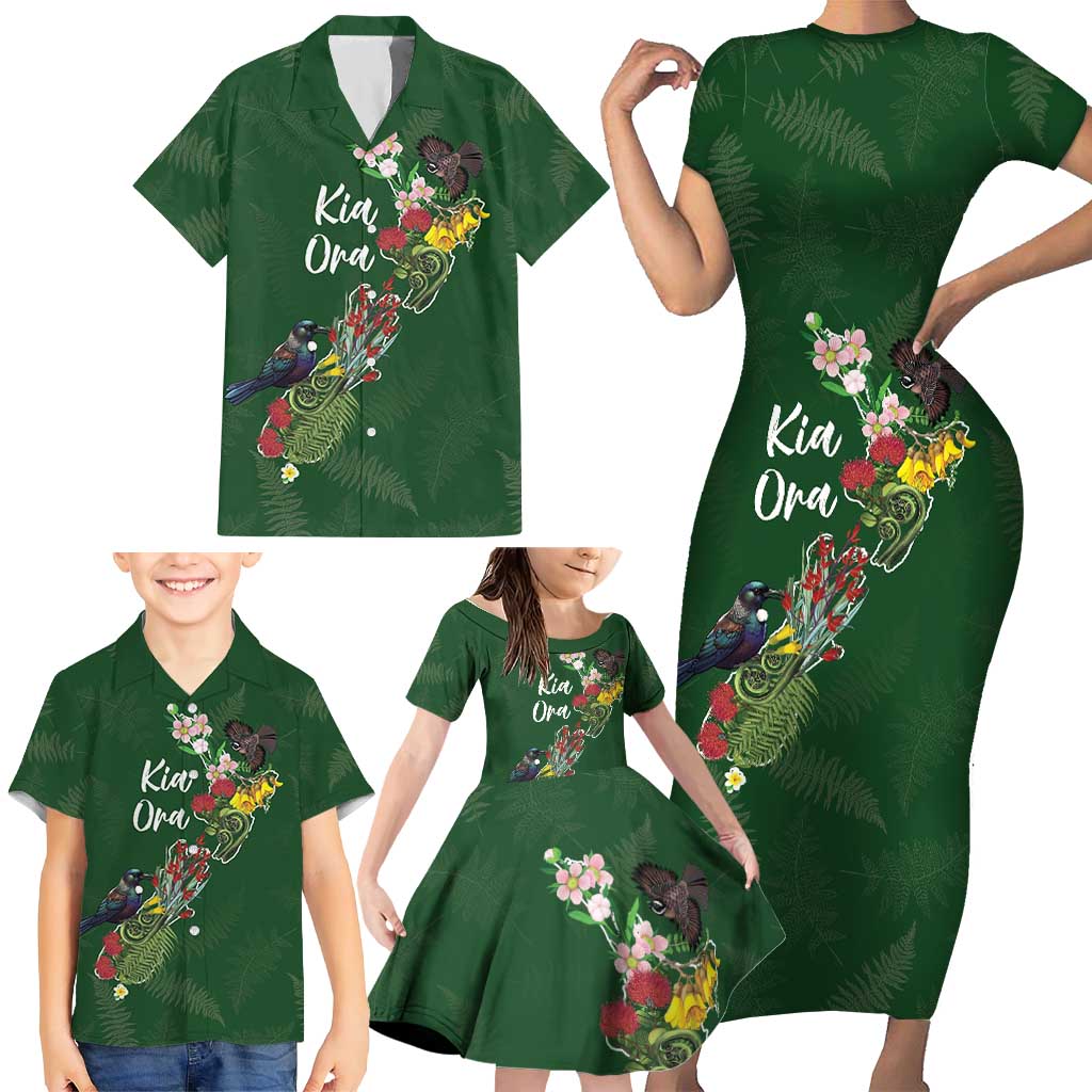 Kia Ora New Zealand Floral Personalized Family Matching Short Sleeve Bodycon Dress and Hawaiian Shirt Sage Green LT7 - Polynesian Pride