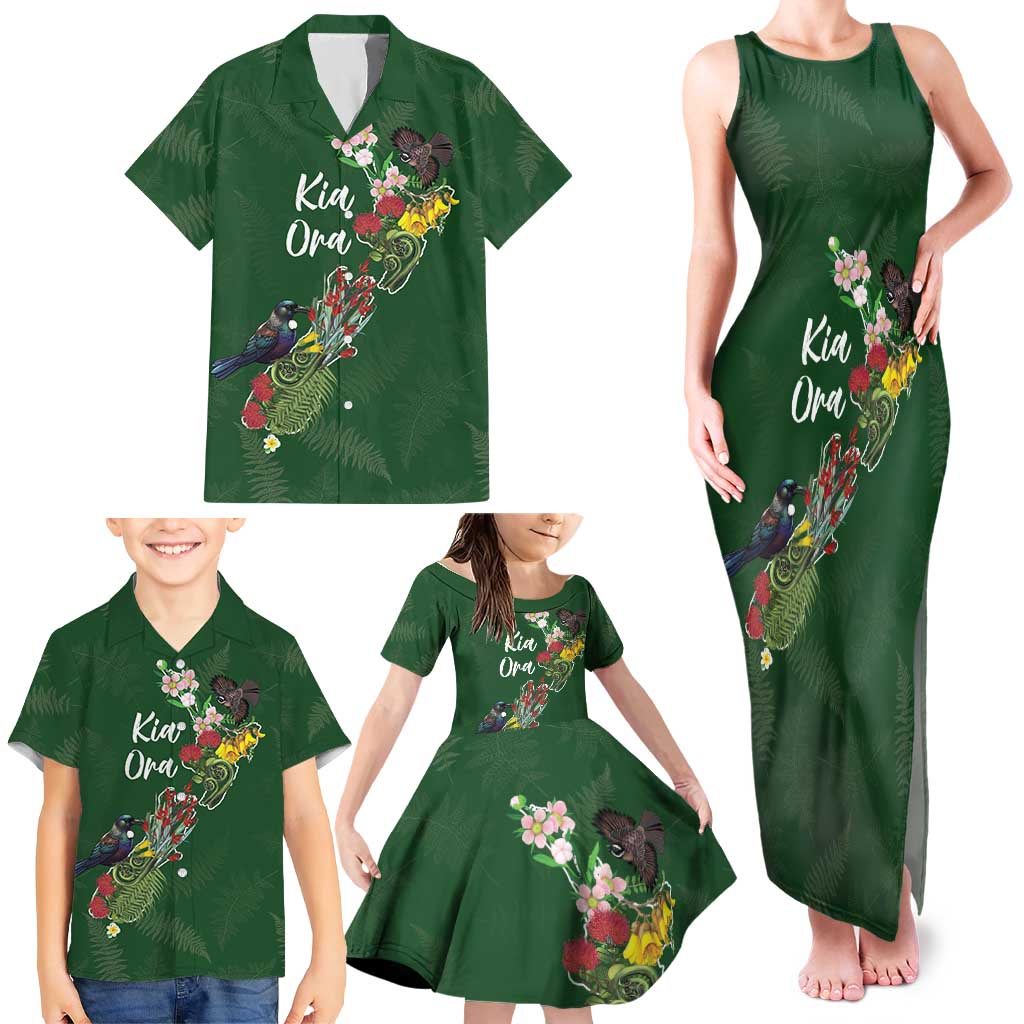 Kia Ora New Zealand Floral Personalized Family Matching Tank Maxi Dress and Hawaiian Shirt Sage Green - Polynesian Pride