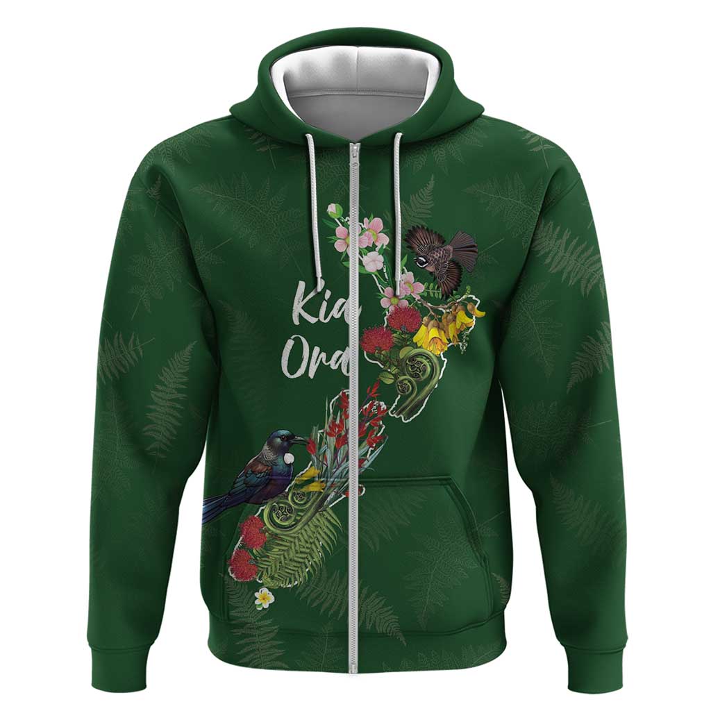 Kia Ora New Zealand Floral Personalized Hoodie Sage Green LT7 Zip Hoodie Sage Green - Polynesian Pride