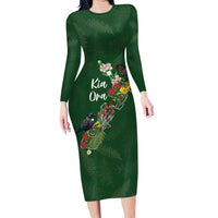 Kia Ora New Zealand Floral Personalized Long Sleeve Bodycon Dress Sage Green LT7 Long Dress Sage Green - Polynesian Pride