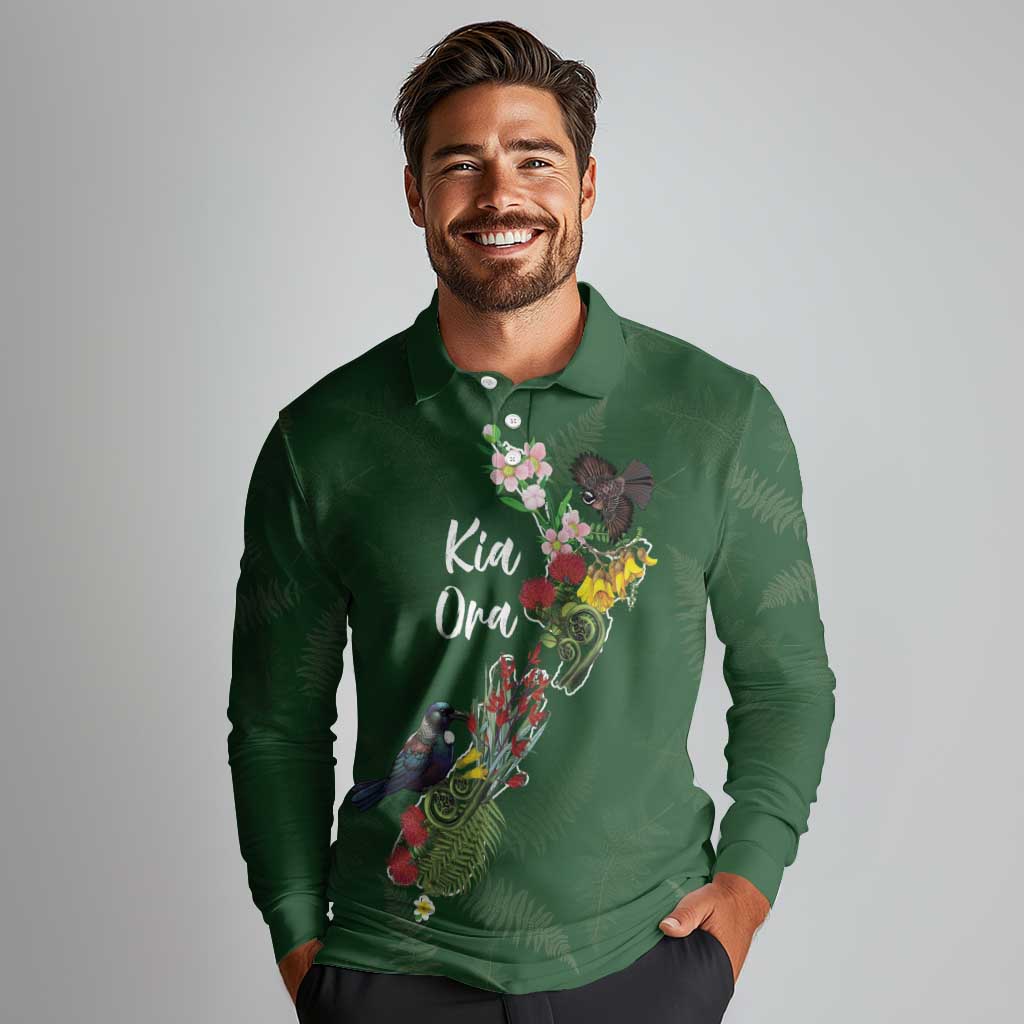Kia Ora New Zealand Floral Personalized Long Sleeve Polo Shirt Sage Green - Polynesian Pride