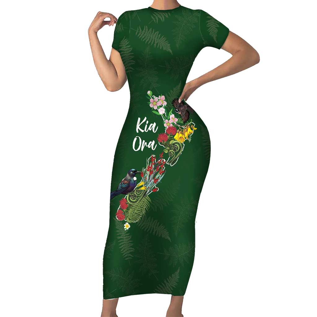 Kia Ora New Zealand Floral Personalized Short Sleeve Bodycon Dress Sage Green LT7 Long Dress Sage Green - Polynesian Pride