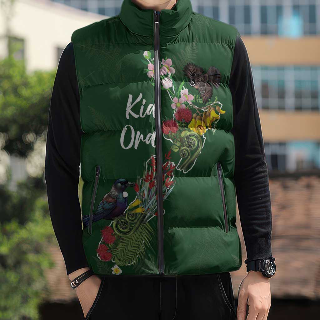 Kia Ora New Zealand Floral Personalized Sleeveless Puffer Jacket Sage Green - Polynesian Pride