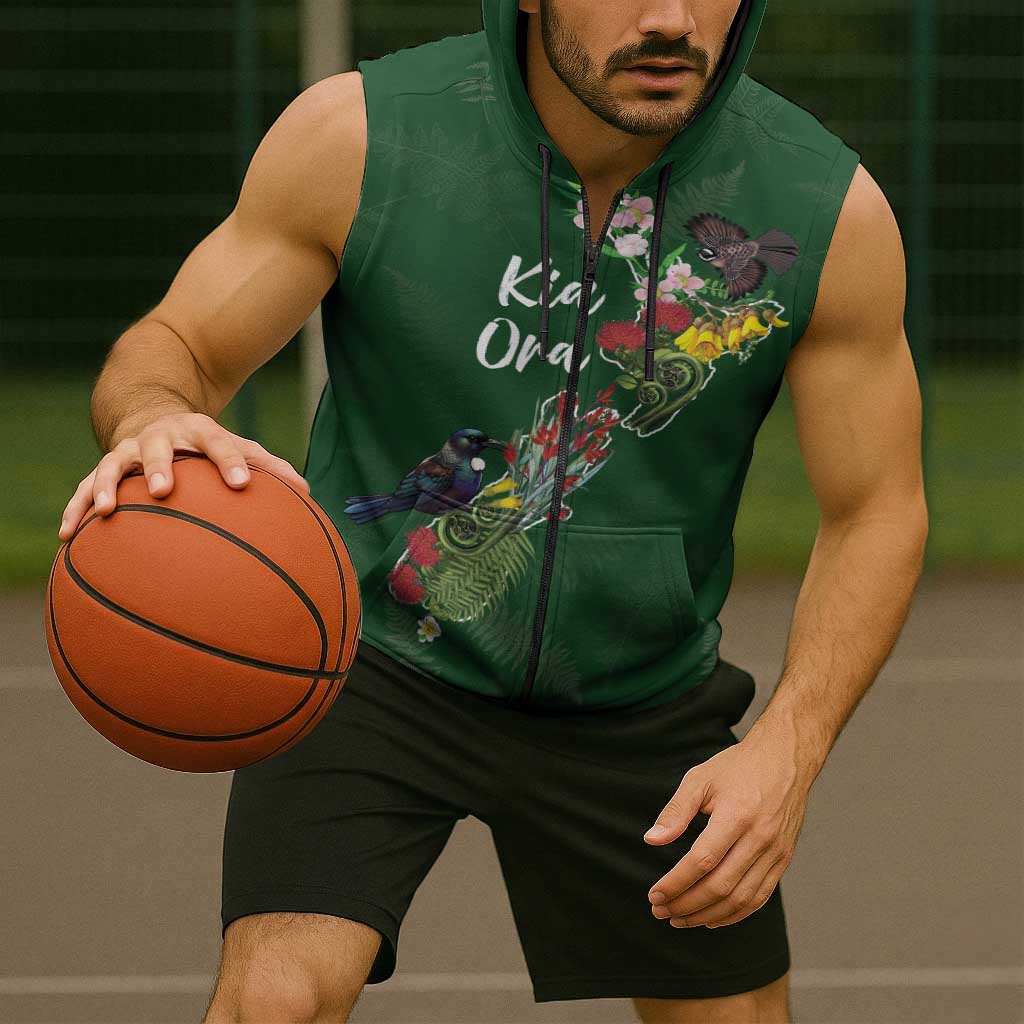 Kia Ora New Zealand Floral Personalized Sleeveless Zip Hoodie Sage Green - Polynesian Pride
