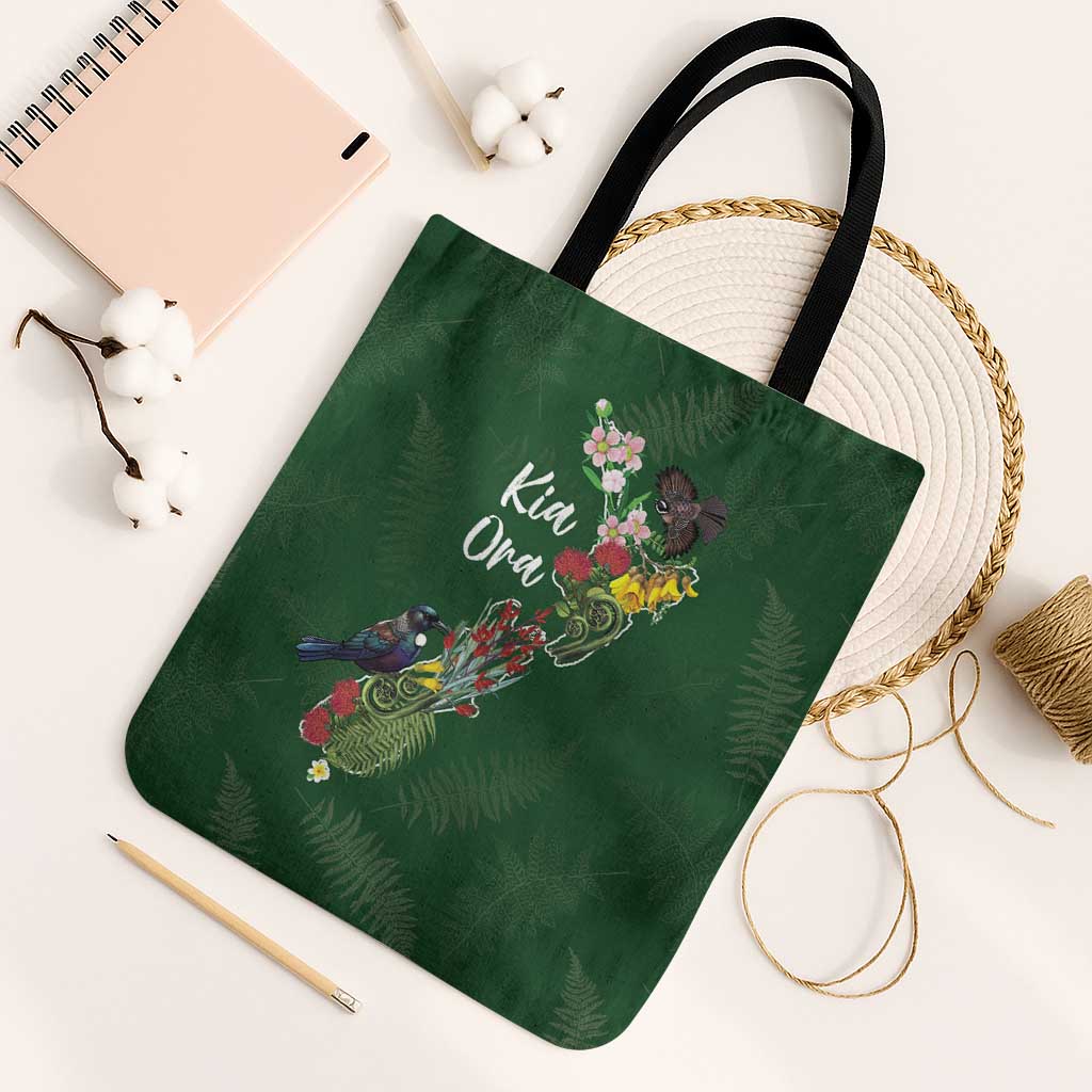 Kia Ora New Zealand Floral Tote Bag Sage Green LT7 Black Strap One Size Sage Green - Polynesian Pride