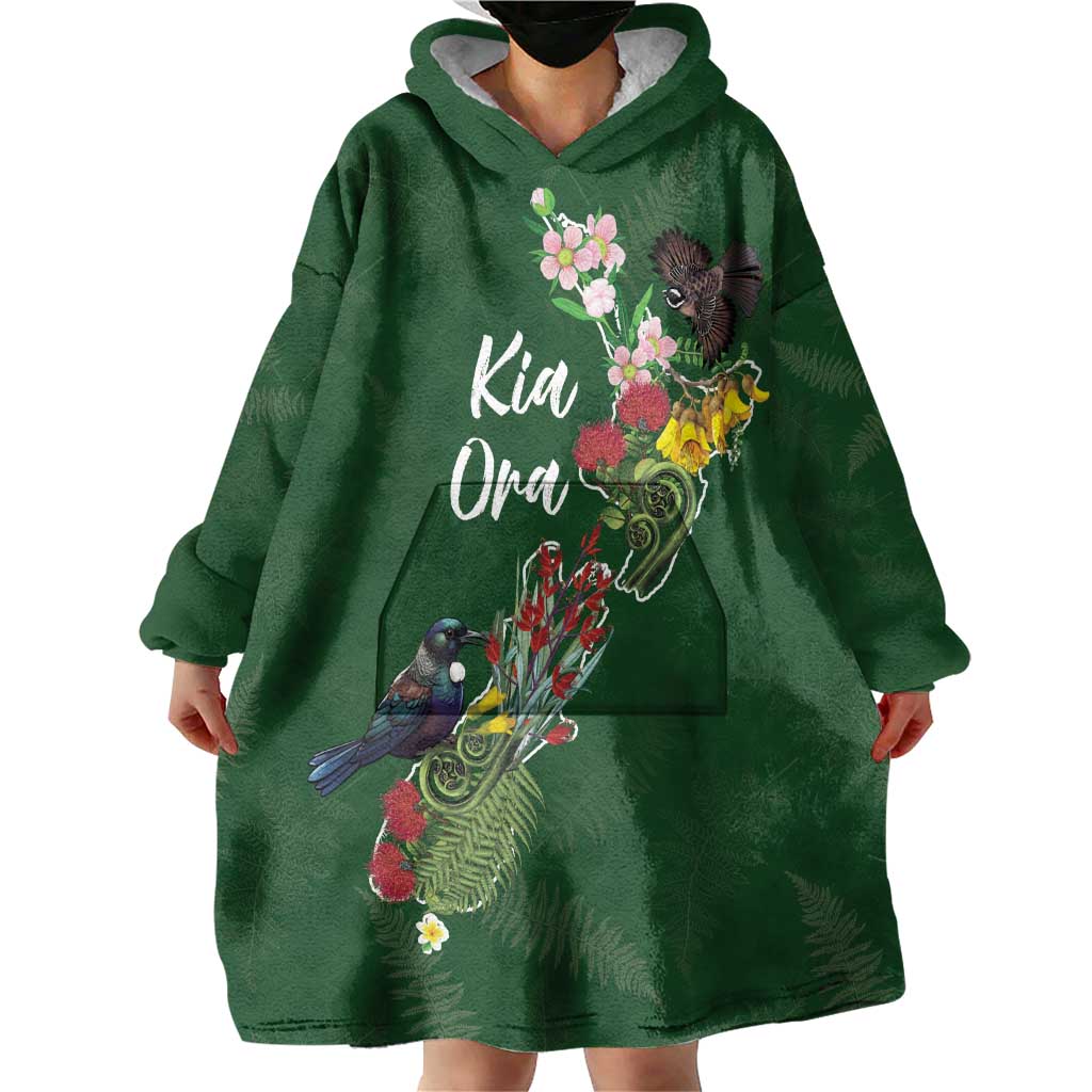 Kia Ora New Zealand Floral Personalized Wearable Blanket Hoodie Sage Green LT7 - Polynesian Pride