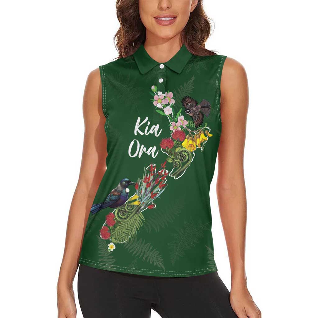 Kia Ora New Zealand Floral Personalized Women Sleeveless Polo Shirt Sage Green LT7 - Polynesian Pride
