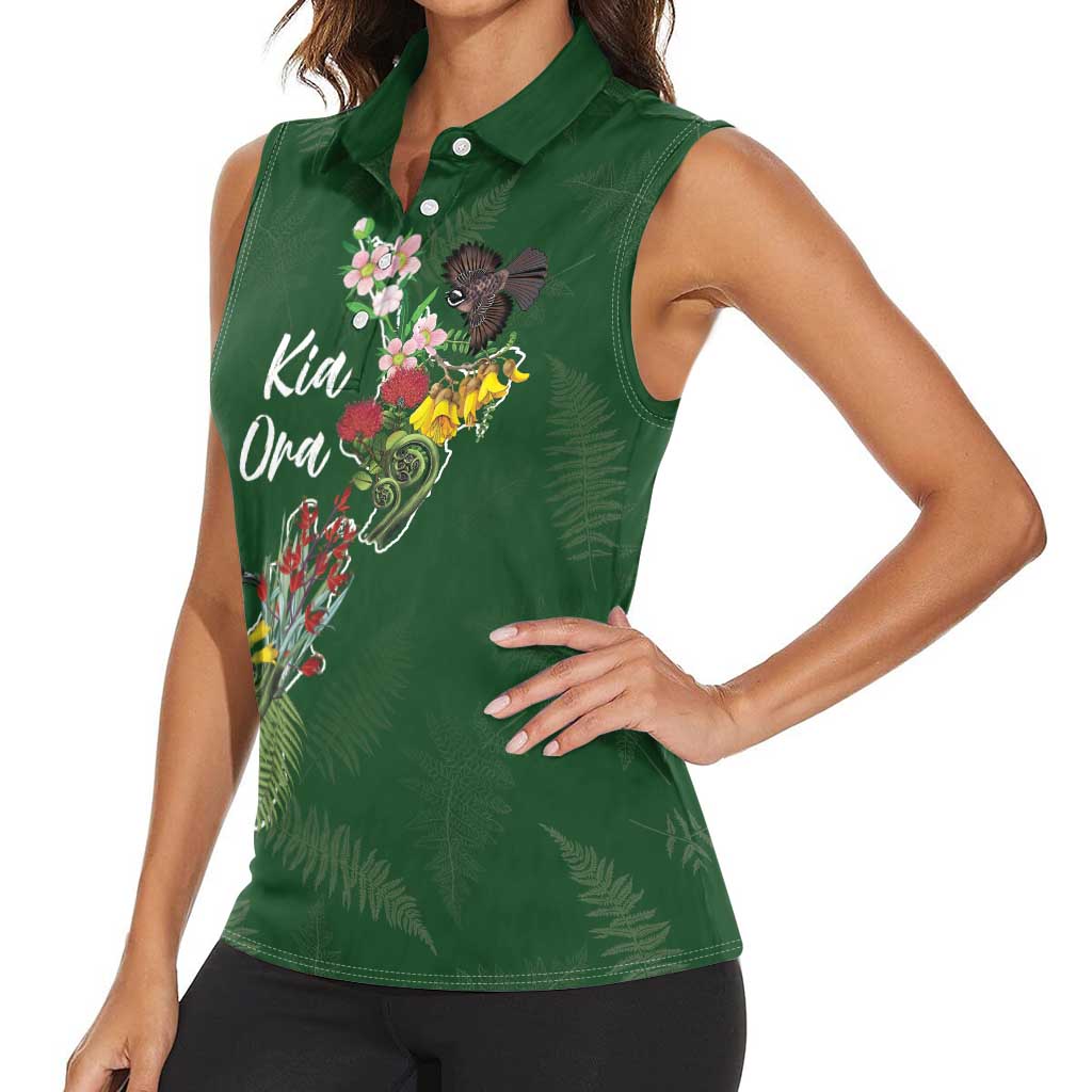 Kia Ora New Zealand Floral Personalized Women Sleeveless Polo Shirt Sage Green LT7 - Polynesian Pride