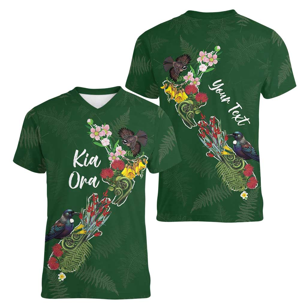 Kia Ora New Zealand Floral Personalized Women V-Neck T-Shirt Sage Green LT7 - Polynesian Pride