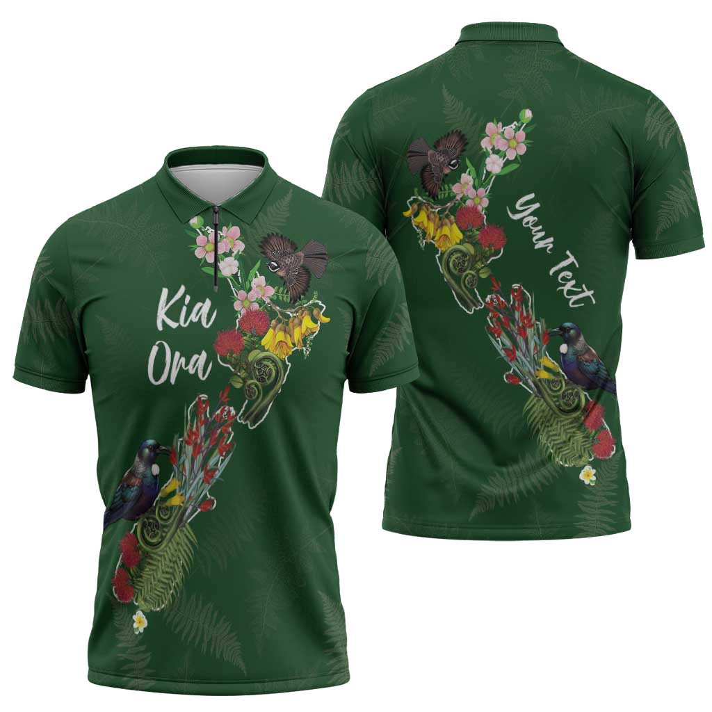 Kia Ora New Zealand Floral Personalized Zipper Polo Shirt Sage Green - Polynesian Pride