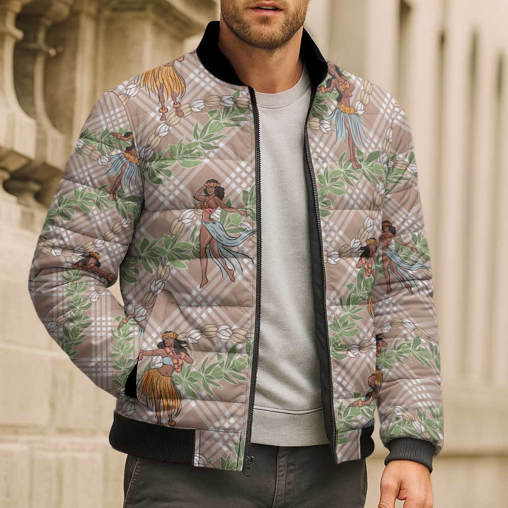 Beige Palaka Hula Girls Seamless Hawaii Aloha Bomber Puffer Jacket - Polynesian Pride